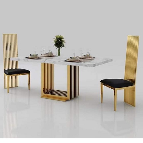QUALITY DESIGNED WHITE RECTANGULAR MARBLE TOP WITH GOLDEN SQUARE BASE BY 6 GOLDEN LONG BACK CHAIRS - AVAILABLE (JAFU)