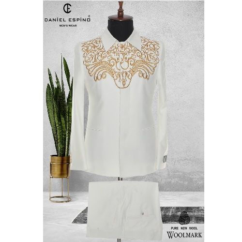 EXECUTIVE WHITE TURKEY SUIT WITH GOLDEN DESIGN AND COLLAR | AVAILABLE IN ALL SIZES (DEFAS)