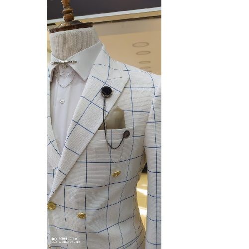 EXECUTIVE WHITE AND BLUE STRIPE CHECKER SUIT WITH GOLDEN DESIGN | AVAILABLE IN ALL SIZES (DEFAS) (N)