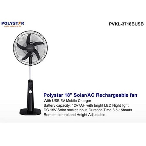 Polystar 18 Inch Solar Rechargeable Fan with Remote | PVKL-3718BUSB