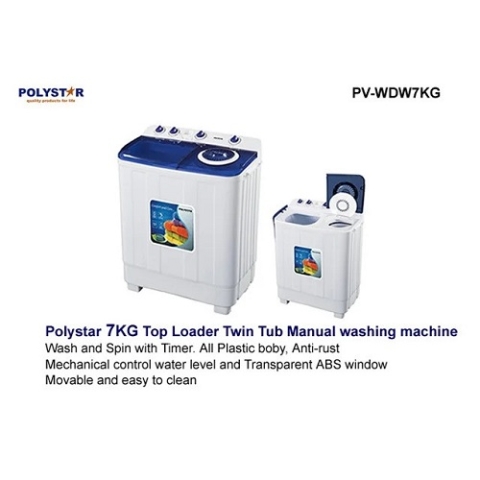 Polystar 7Kg Twin Tub Manual Washing Machine | PV-WDW7KG