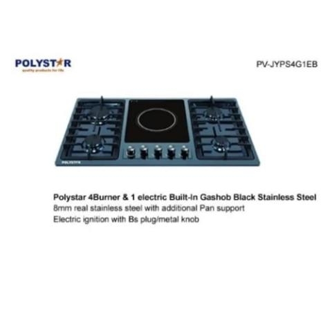 Polystar 90cm 4 Gas + 1 Electric Burner built-in Hob Black Stainless Steel | PV-JYPS4G1EB