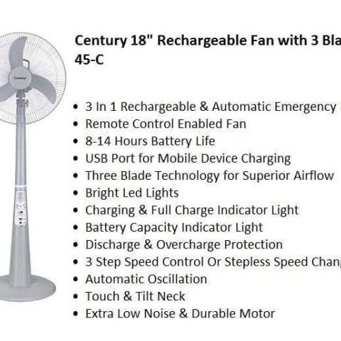 Century 18 Inch Rechargeable Fan With 3 Blades | RFC45C