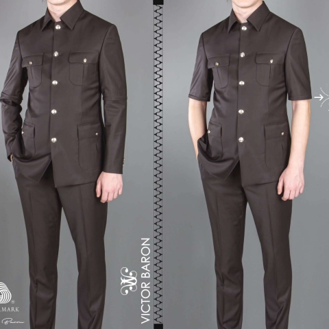 EXECUTIVE BROWN LONGSLEEVE AND SHORTSLEEVE SUIT WITH COLLAR AND GOLDEN BUTTON