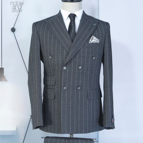 EXECUTIVE LIGHT GREY STRIPPED BREASTED TURKEY SUIT WITH GOLDEN BUTTON