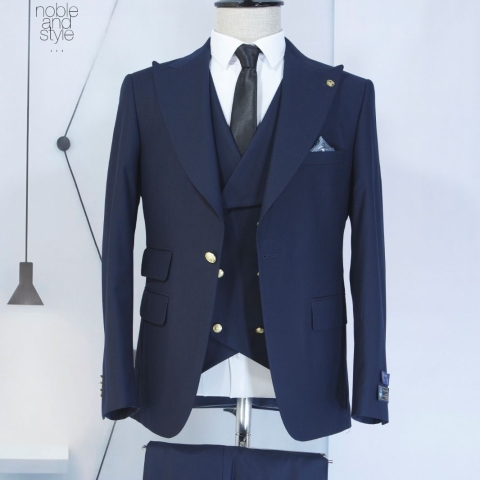 EXECUTIVE NEVY BLUE 3 PIECE TURKEY SUIT WITH GOLDEN BUTTON